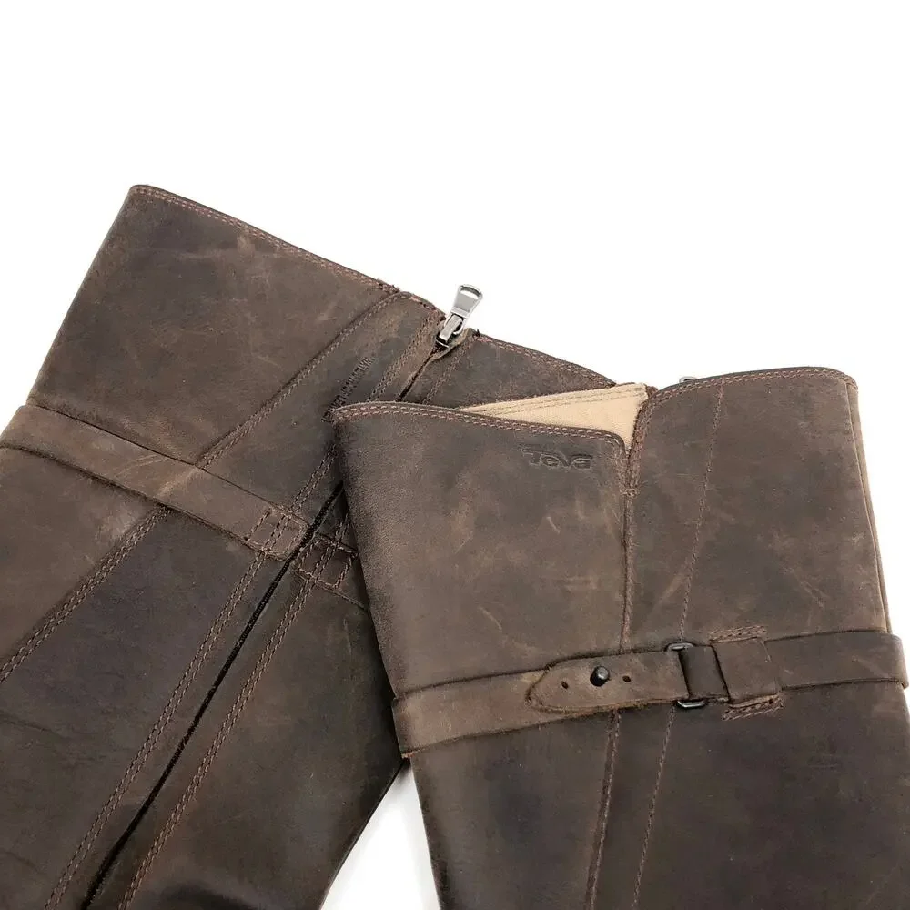 Teva De La Vina Boots Womens 7 Brown Waterproof Leather Buckle Tall Riding